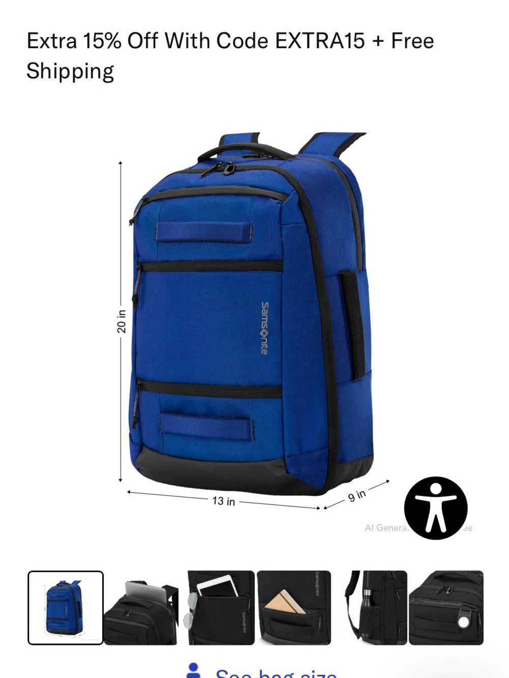 Samsonite Detour Men's Royal Blue Travel Backpack with Black Accents - Picture 9 of 10